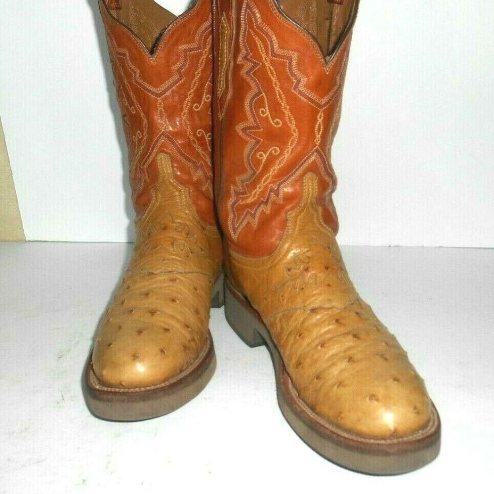 7.5 B Lucchese 2000 Camel & Russet Brown Full Quill Ostrich Crepe Sole Boots